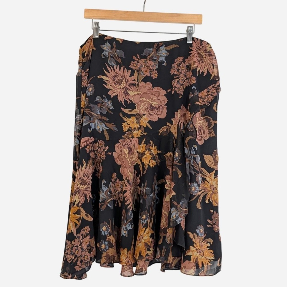 Lauren Ralph Lauren Black 100% Silk Floral Bias Cut Midi Skirt Multi 14